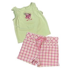 Janie and Jack Set The Table Green Top and Pink Plaid Shorts 2T
